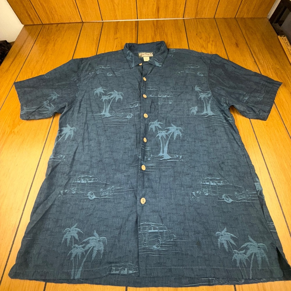 Big Dogs Resort Wear‎ Silk Rayon Button Up Shirt Palm Tree Car Blue L